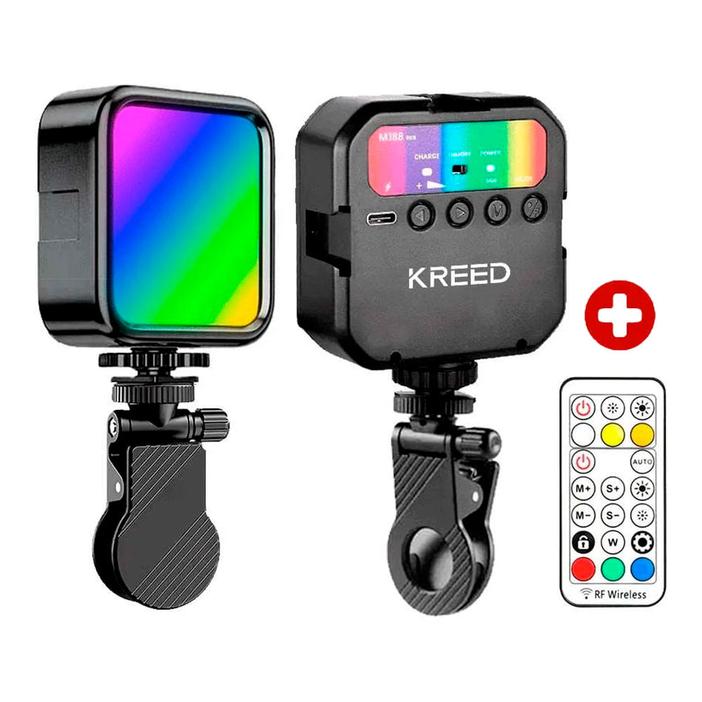 Luz LED RGB selfie recargable KREED MJ88+G5, 800LM, 3000K-7000K, batería 2000mAh, gancho para celular y control remoto